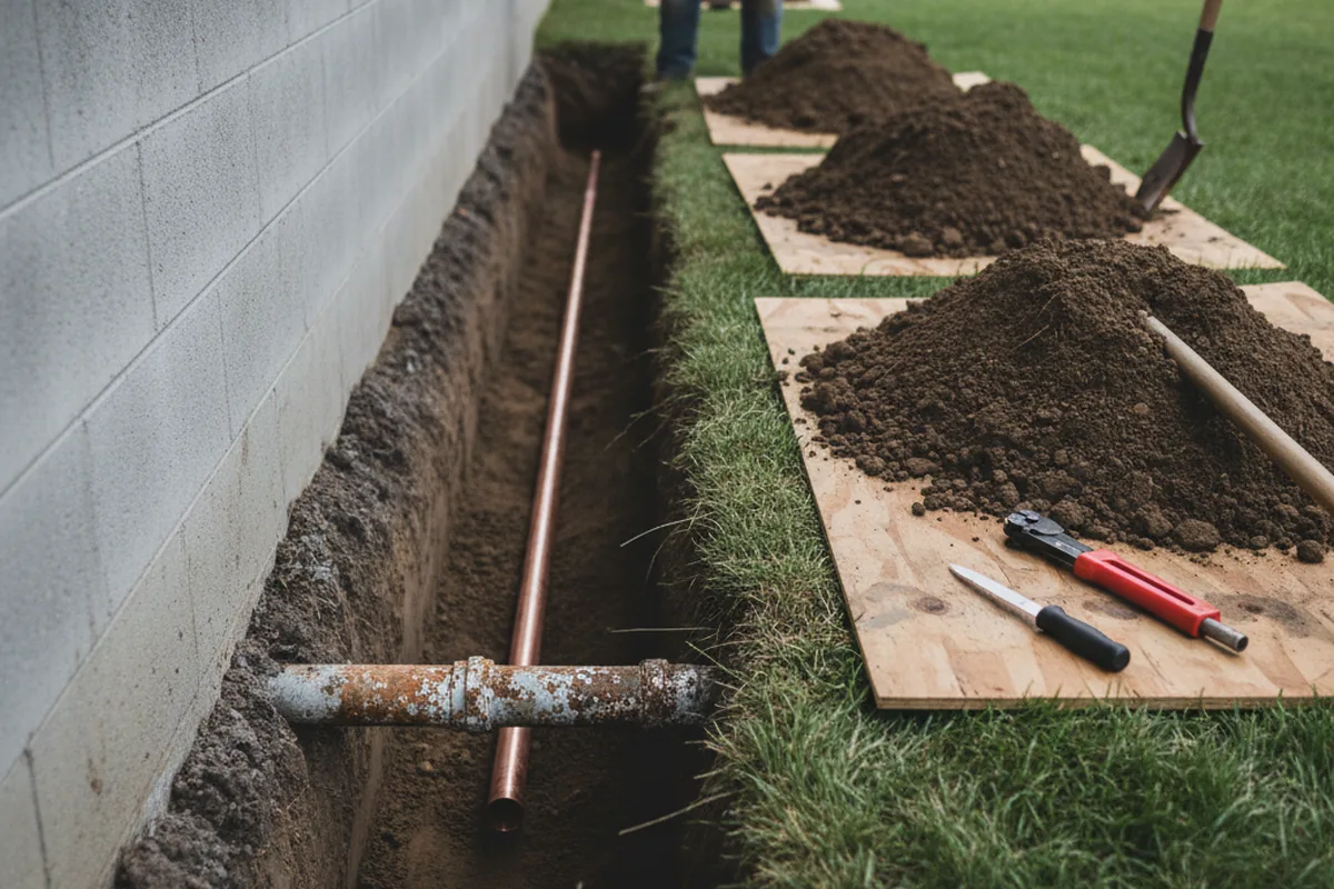Excavated water line trench during Water Softener Installation in Beavercreek
